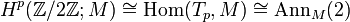 H^p(\mathbb{Z}/2\mathbb{Z};M) \cong \operatorname{Hom}(T_p,M) \cong \operatorname{Ann}_M(2)